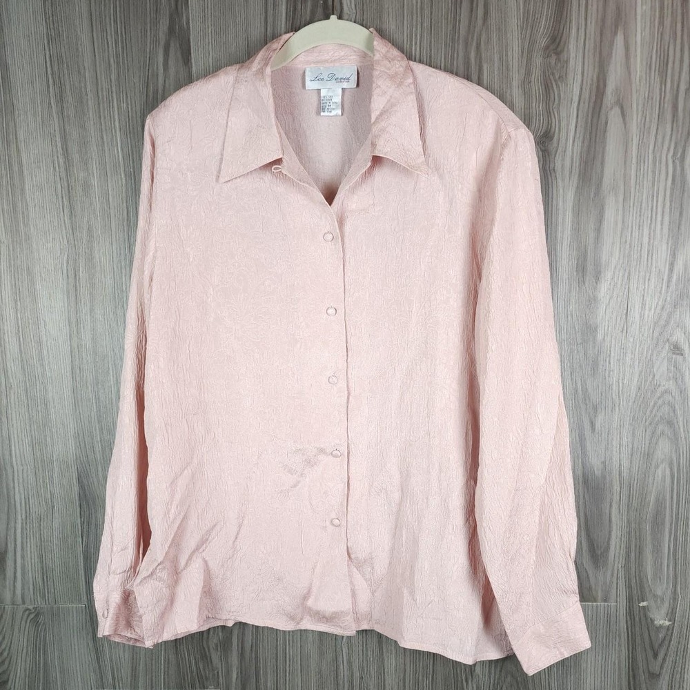 Lee David Collection Vintage Pink Embossed Floral 100% Silk Blouse Shirt Medium